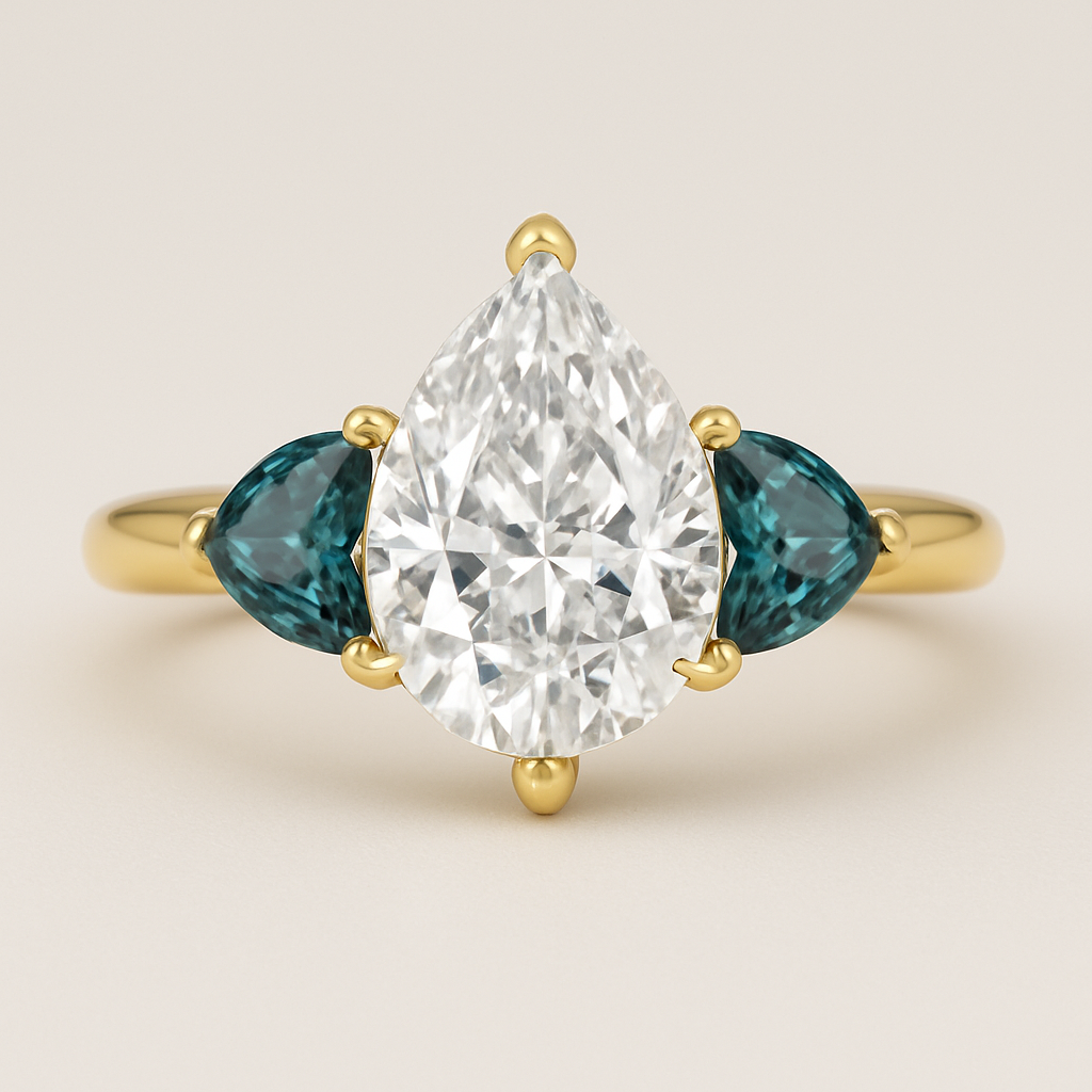 2 carat pear cut diamond with with claw prongs and marquise shaped alexandrite side stones set in a yellow flared shank