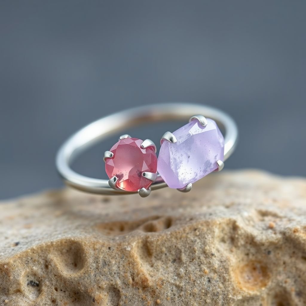 Craft a minimalist silver adjustable ring that delicately embraces the finger. Feature two striking raw natural gemstones—allowing their organic textures and colors to stand out. The design exudes earthy elegance, merging modern style with raw, untamed nature.