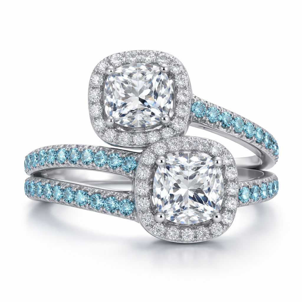 Ring with 2 cushion cut diamonds each one has a halo surround, on a little smaller than the other, add 2 aquamarine bands