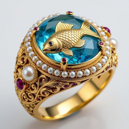 Aquamarine ring with pisces/fish motif for man.