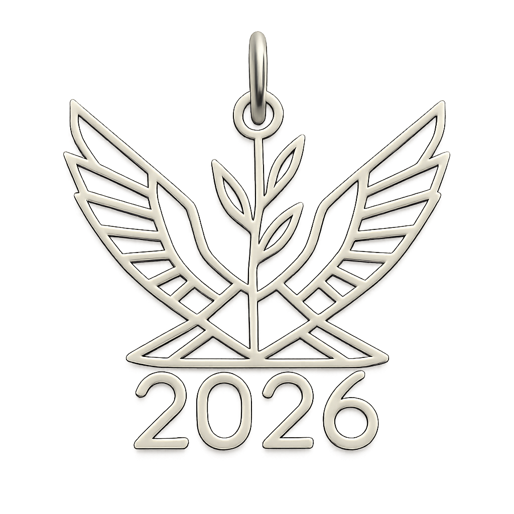 silver cut-out charm only with  two spread out bird wings, an olive branch and  along year 2026