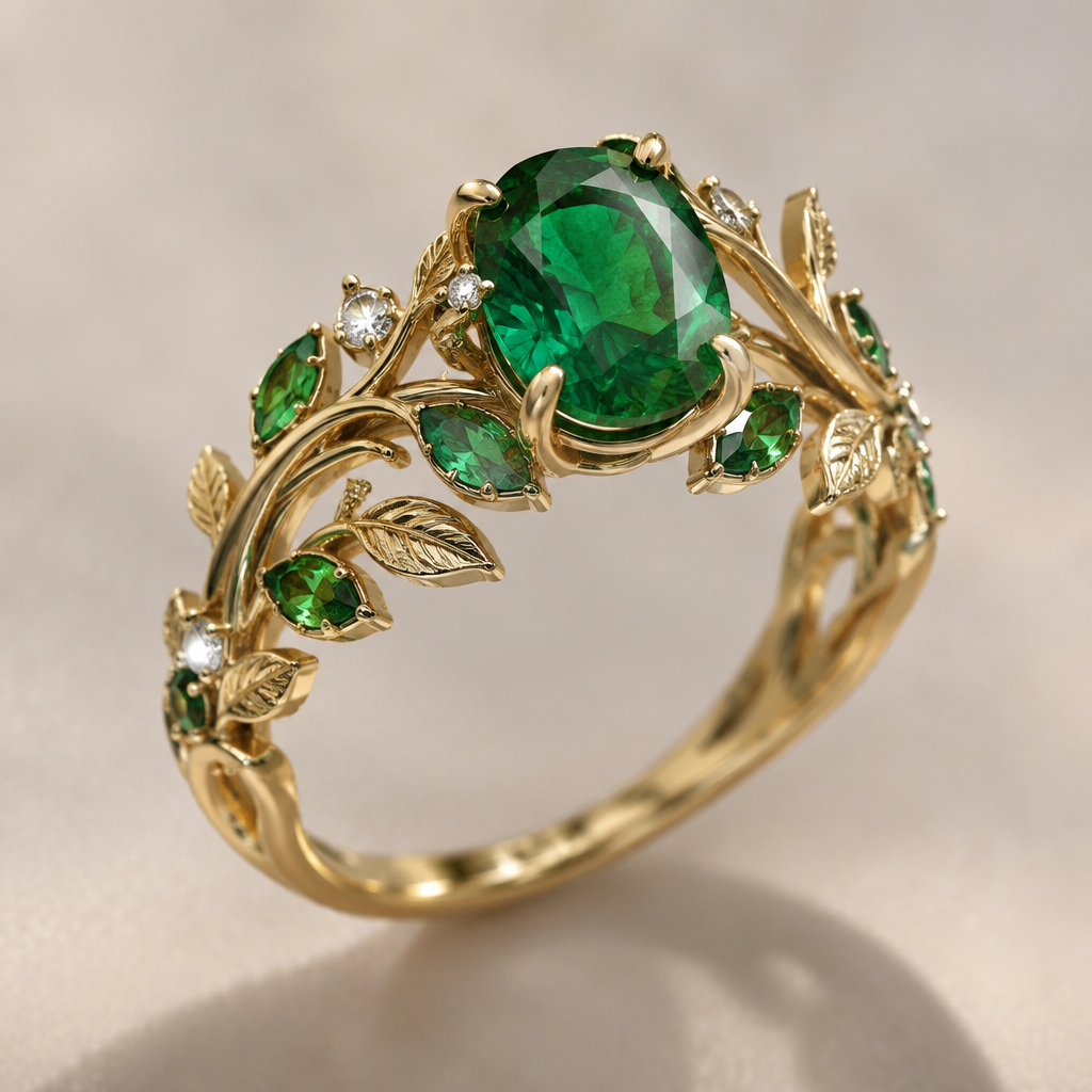A nature-inspired women's ring made of gold with emerald stones suitable for birthday
photorealistic jewelry design, A nature-inspired women's ring made of gold with emerald stones suitable for birthday, nature_inspired style, just the design no text