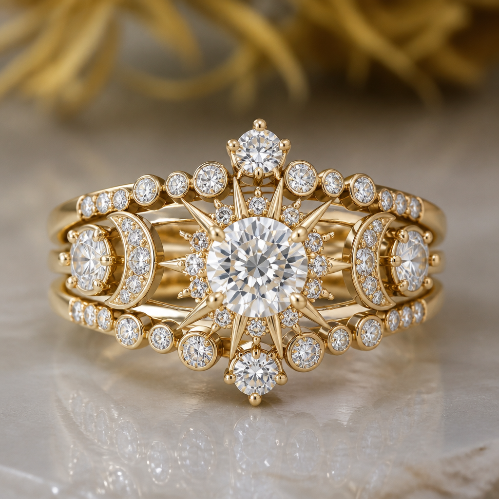 Design a very feminine diamond ring for a wedding ring and engagement multi stackable yellow, 14 carat gold that has
1 ct diamond
4 0.25 ct of diamonds
12 0.1 ct of diamonds
22 0.05 ct of diamonds
Center 1 ct diamond being the sun
4 0.25 ct being the moon
photorealistic jewelry design, Design a very feminine diamond ring for a wedding ring and engagement multi stackable yellow, 14 carat gold that has
1 ct diamond
4 0.25 ct of diamonds
12 0.1 ct of diamonds
22 0.05 ct of diamonds
Center 1 ct diamond being the sun
4 0.25 ct being the moon
, ethnic style, just the design no text