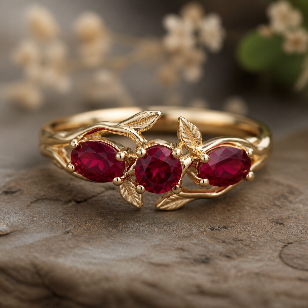 A nature women's ring made of gold with ruby stones suitable for birthday. 3 stones, same size, 1 round 2 oval,
photorealistic jewelry design, A nature women's ring made of gold with ruby stones suitable for birthday. 3 stones, same size, 1 round 2 oval,, nature_inspired style, just the design no text
