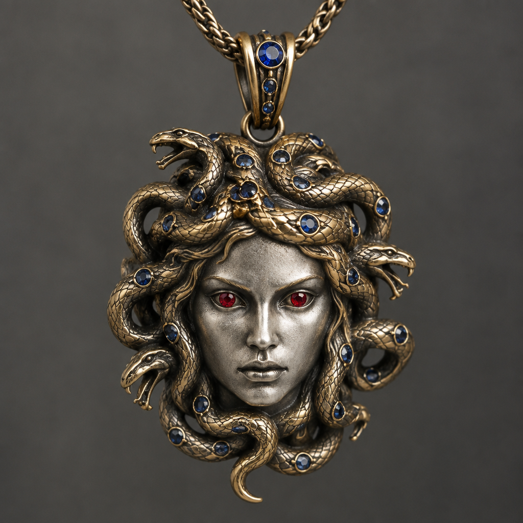 A mythological women's pendant made of mixed metal with sapphire stones suitable for daily wear. 有著紅寶石眼睛的梅杜莎頭像的墜飾
photorealistic jewelry design, A mythological women's pendant made of mixed metal with sapphire stones suitable for daily wear. 有著紅寶石眼睛的梅杜莎頭像的墜飾, mythological style, just the design no text