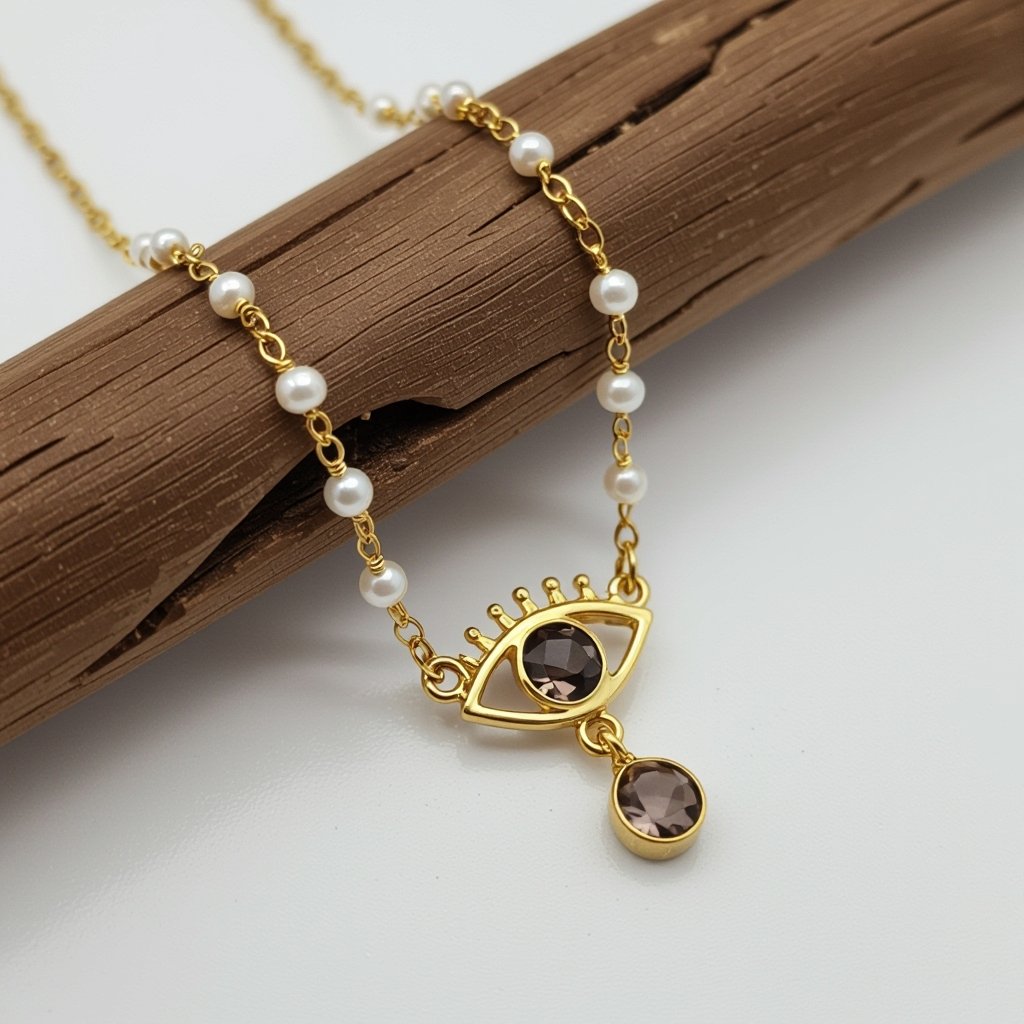 Тонкая цепочка с золотыми шариками и мелкими жемчужными камушками на цепочке есть кулон в форме глаза, зрачок глаза из раухтопаза от глаза идет маленькая подвеска с маленьким камушком 