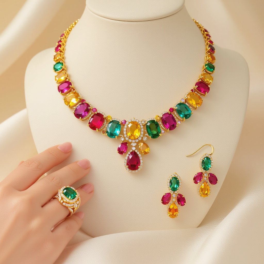 Necklace and ring and earring with luxury colorful jewel with gold
