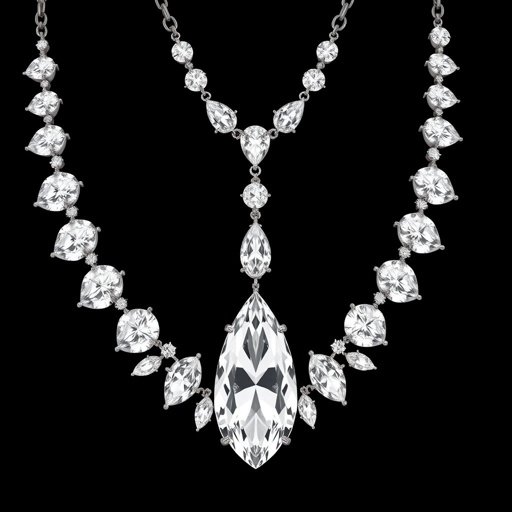 Design an exquisite high-end diamond necklace featuring a harmonious arrangement of brilliant-cut, marquise, and pear-shaped diamonds. The centerpiece should include a cascading teardrop-shaped diamond pendant surrounded by intricate floral and vine-inspired settings. The necklace should have a symmetrical, regal form, with a platinum or white gold base, encrusted with pavé diamonds. Ensure the design reflects luxury, elegance, and timeless craftsmanship, suitable for a royal gala or red carpet event.