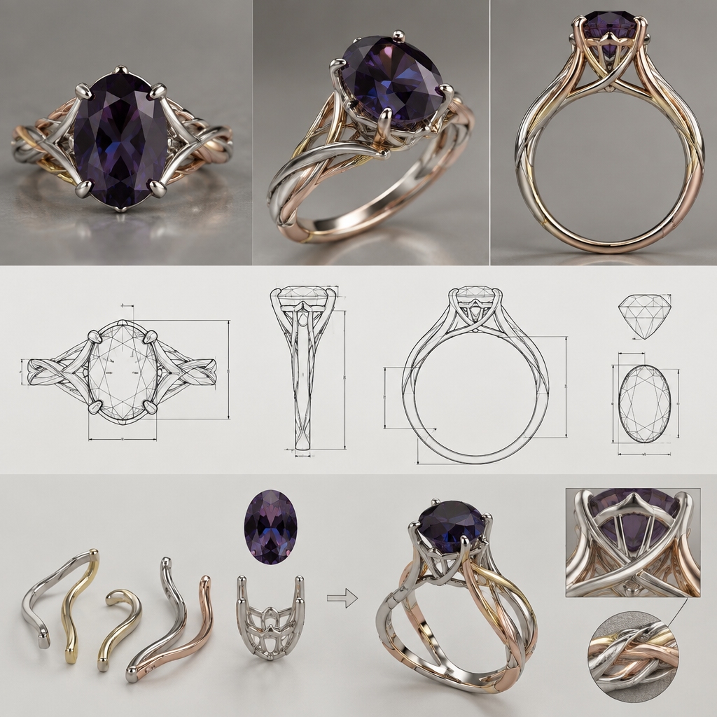 A nordic women's ring made of silver suitable for wedding. i would like a ring with a deep dark purple/mauve almost not see thru with blueish reflection oval spinel mounted something feminin and also wicked and simplistic and durable also elegant and stylish the shank would be 3 colors gold rose gold and silver with a cathedral bascket style mount for the gem
i would like to see a photo reealistic rendering of the piece and also a sketch with detailed graphics and measurments and assembling plan
photorealistic jewelry design, A nordic women's ring made of silver suitable for wedding. i would like a ring with a deep dark purple/mauve almost not see thru with blueish reflection oval spinel mounted something feminin and also wicked and simplistic and durable also elegant and stylish the shank would be 3 colors gold rose gold and silver with a cathedral bascket style mount for the gem
i would like to see a photo reealistic rendering of the piece and also a sketch with detailed graphics and measurments and assembling plan, nordic style, just the design no text