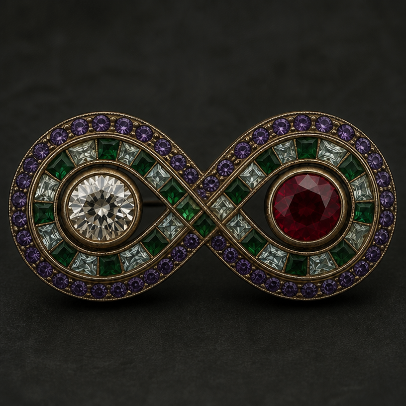 Could you make the amethysts deeper purple and make the infinity symbol connected.
edit the attached jewelry design with these instructions: Could you make the amethysts deeper purple and make the infinity symbol connected.. keep it photorealistic, just the design no text