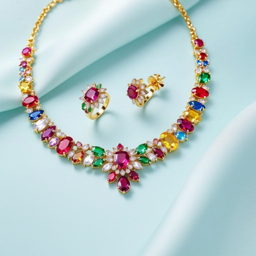 Necklace and ring and earring with luxury colorful jewel with gold