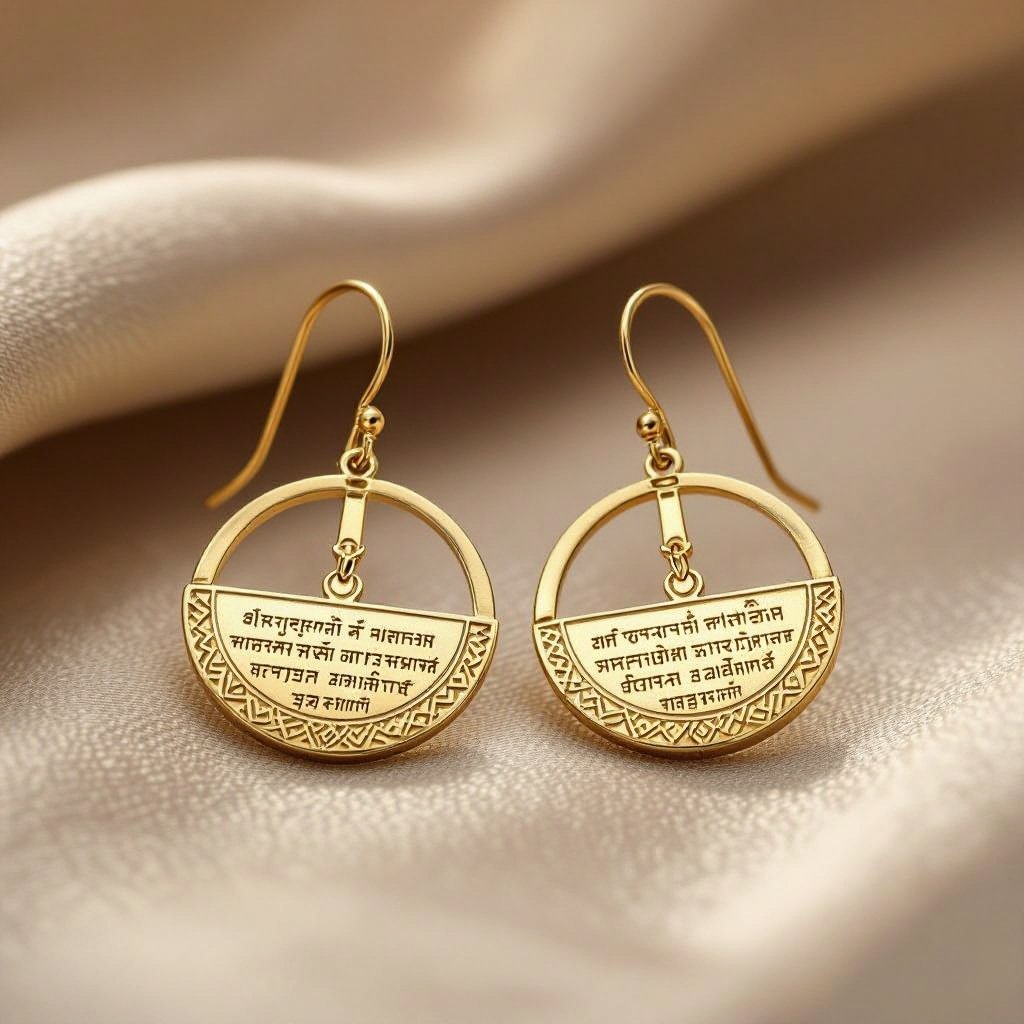 Серьги золотые в форме тонкого изящного полумесяца, полукруг как продолжение застежки, на полукруге надписи мантрами на санскрите