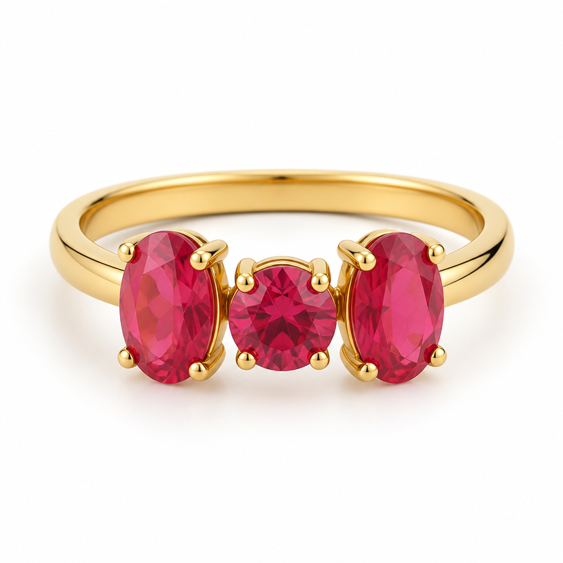 A modern women's ring made of gold with ruby stones suitable for birthday. 3 stones, same size, 1 round 2 oval,
using the attached image as a visual reference, create A modern women's ring made of gold with ruby stones suitable for birthday. 3 stones, same size, 1 round 2 oval,. photorealistic, just the design no text