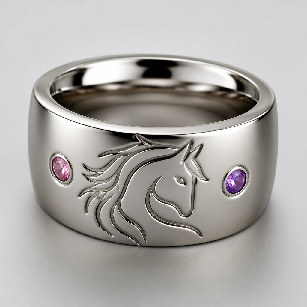 A women's ring. con un pony grabado por fuera con un diamante rosado por un lado y morado p
or el otro y por dentro que salga escrito equestria girls el anillo deba ser mas grueso
photorealistic jewelry design, A women's ring. con un pony grabado por fuera con un diamante rosado por un lado y morado p
or el otro y por dentro que salga escrito equestria girls el anillo deba ser mas grueso, modern style, just the design no text