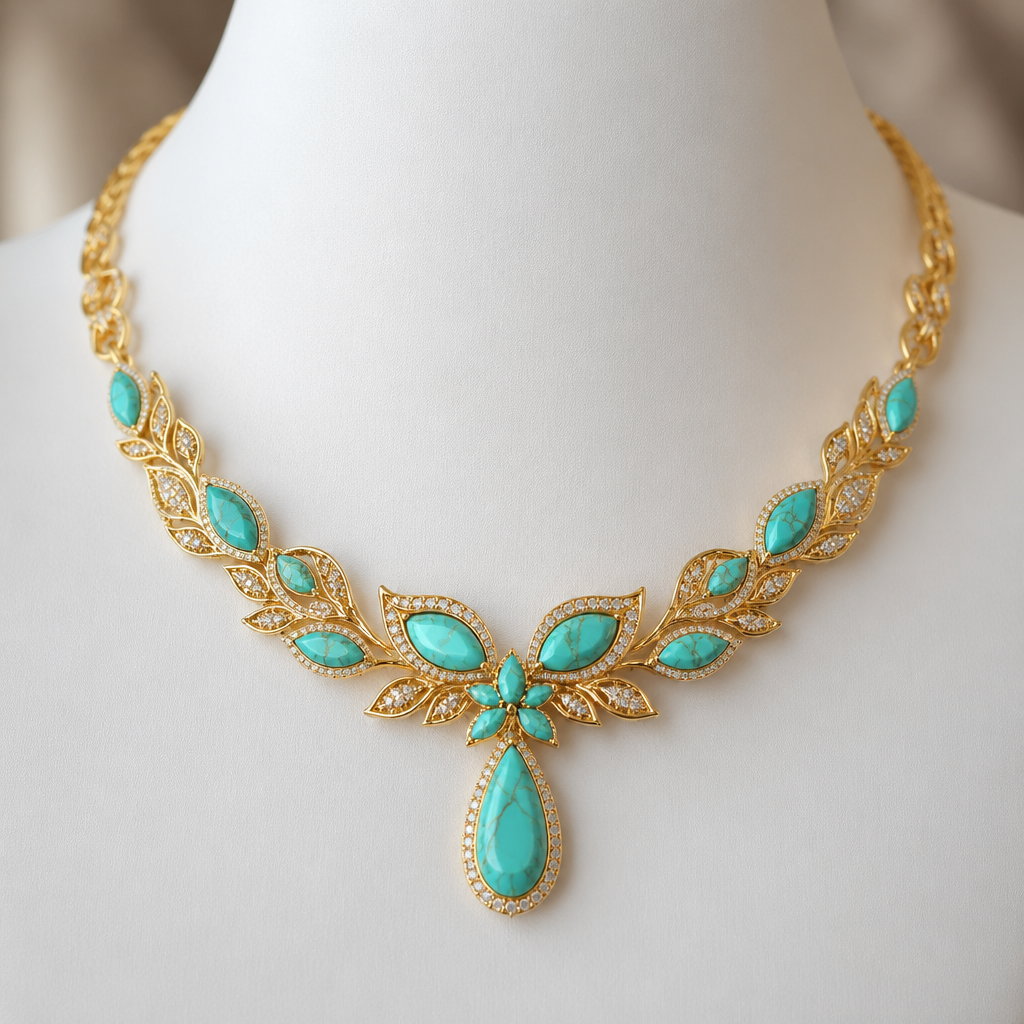 A modern women's necklace made of gold with turquoise stones suitable for wedding
photorealistic jewelry design, A modern women's necklace made of gold with turquoise stones suitable for wedding, modern style, just the design no text