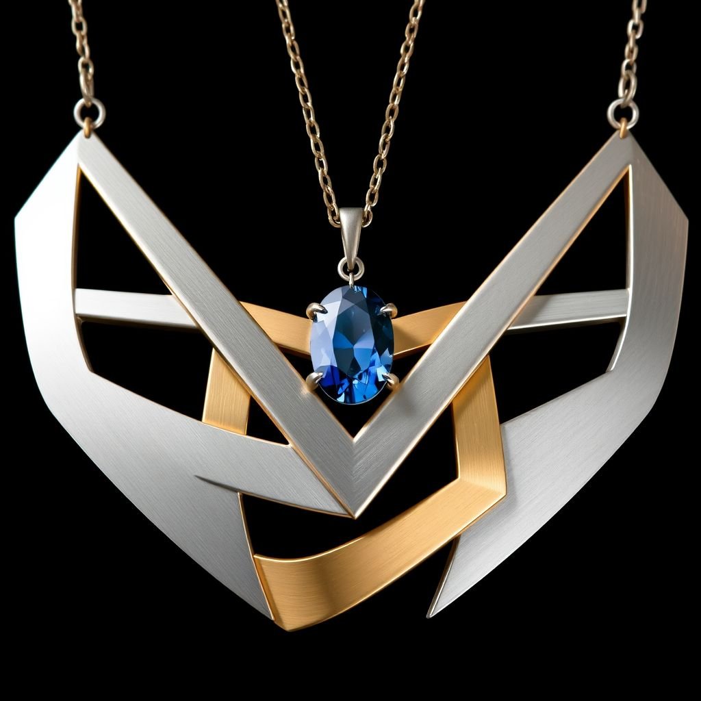 Modern design of necklace thats Modern Design a sleek, modern cuff bracelet featuring asymmetrical angles and a polished finish. Use a combination of brushed matte silver and high-shine gold accents for contrast. Incorporate a single, oval-cut gemstone-perhaps a striking emerald-set at an unconventional angle, creating a bold focal point that exudes contemporary elegance and sophistication.