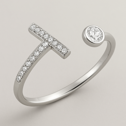 Pave T bar ring with diamond on one side disconnected
