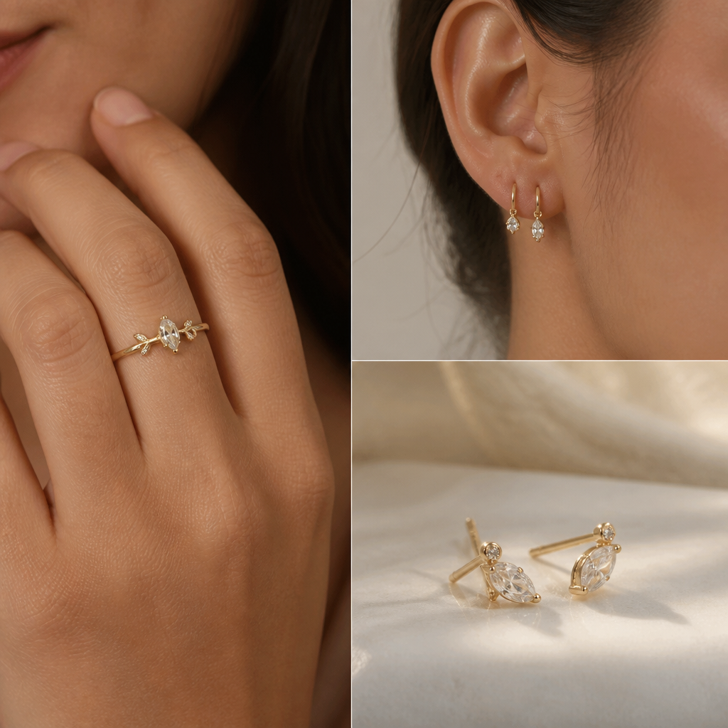 A women's ring. dainty earrings need a elegant model
photorealistic jewelry design, A women's ring. dainty earrings need a elegant model, modern style, just the design no text