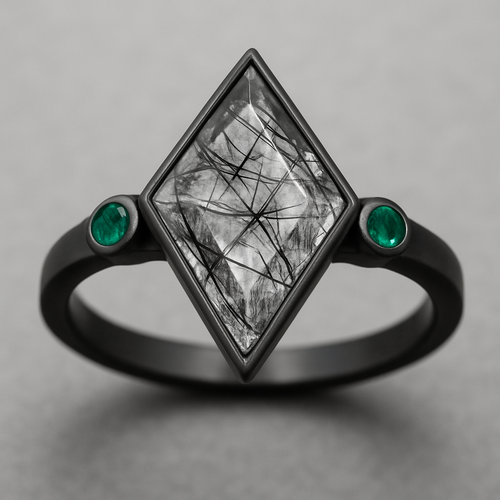 Black band, kite cut tourmalated quartz, emerald accent stones