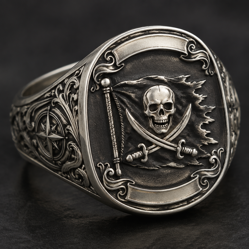 A signet women's ring made of silver, detailed and decorative, moderately ornate. anillo de hombre en plata con una bandera pirata en el centro y en la parte superior diga "el perla Negra" y en la parte inferior diga "jack el farro"
photorealistic jewelry design, A signet women's ring made of silver, detailed and decorative, moderately ornate. anillo de hombre en plata con una bandera pirata en el centro y en la parte superior diga "el perla Negra" y en la parte inferior diga "jack el farro", signet style, just the design no text