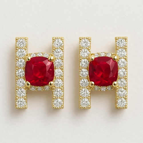 Cushion ruby earrings H letter 