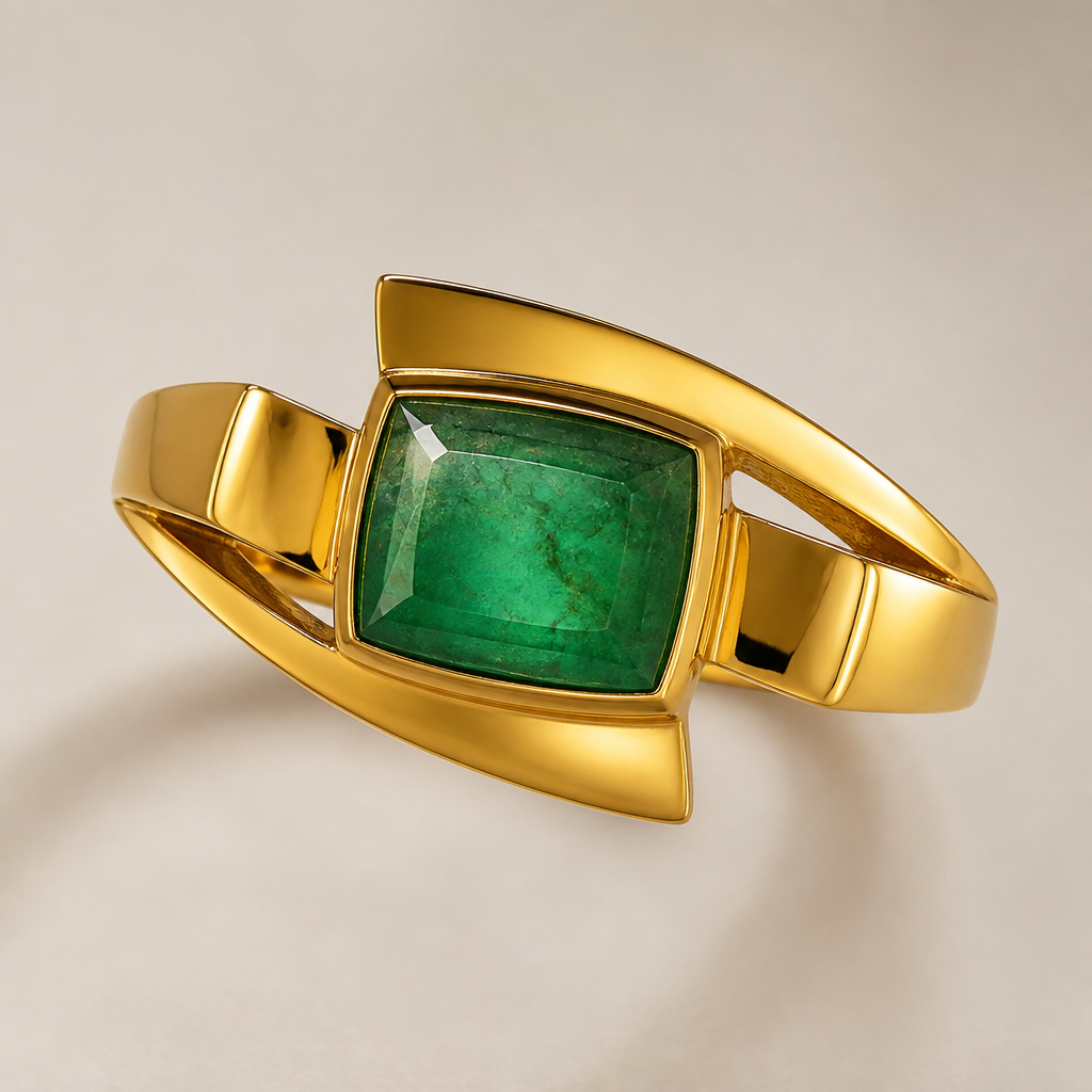 24k gold ring with green center
photorealistic jewelry design, 24k gold ring with green center, modern style, just the design no text