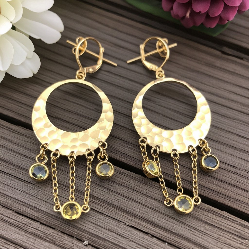 Золотые серьги словно мятое золото в форме узкого изящного полумесяца. Верхушка полумесяца крепится к застежке серьги.  От полумесяца идет три цепочки, у каждой на конце мелкий камушек цитрин