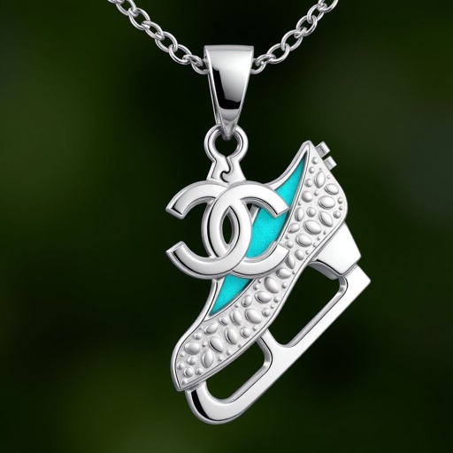 Silver pendant in the shape of ice skating blades with a turquoise stripe within the blade