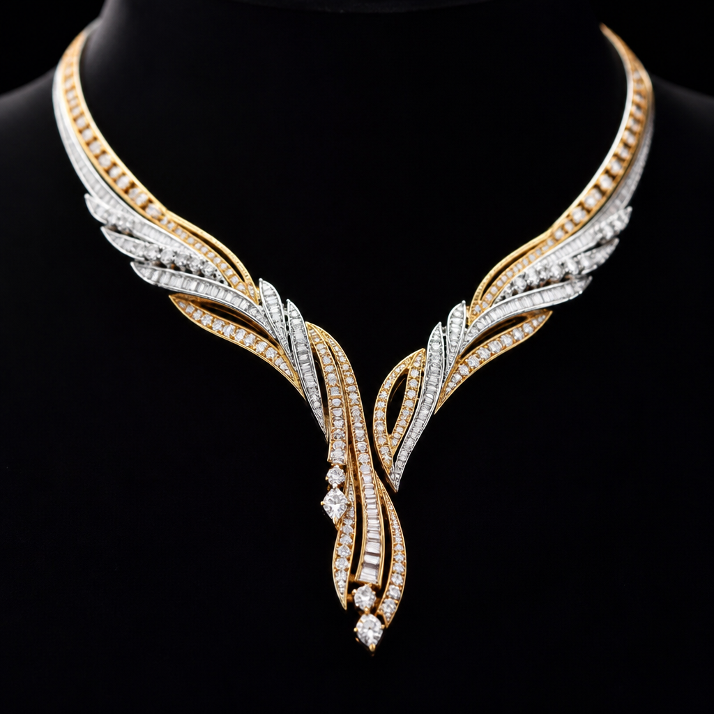 A luxury women's necklace made of mixed metal with diamond stones suitable for formal. colar de luxo com metal misto de diamante formal
photorealistic jewelry design, A luxury women's necklace made of mixed metal with diamond stones suitable for formal. colar de luxo com metal misto de diamante formal, luxury style, just the design no text