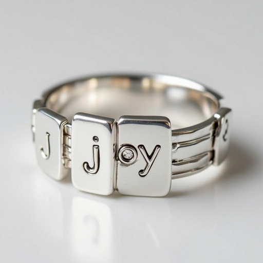 Pure silver band no jewels with silver rectangles each with a wire letters, creating the word joy
