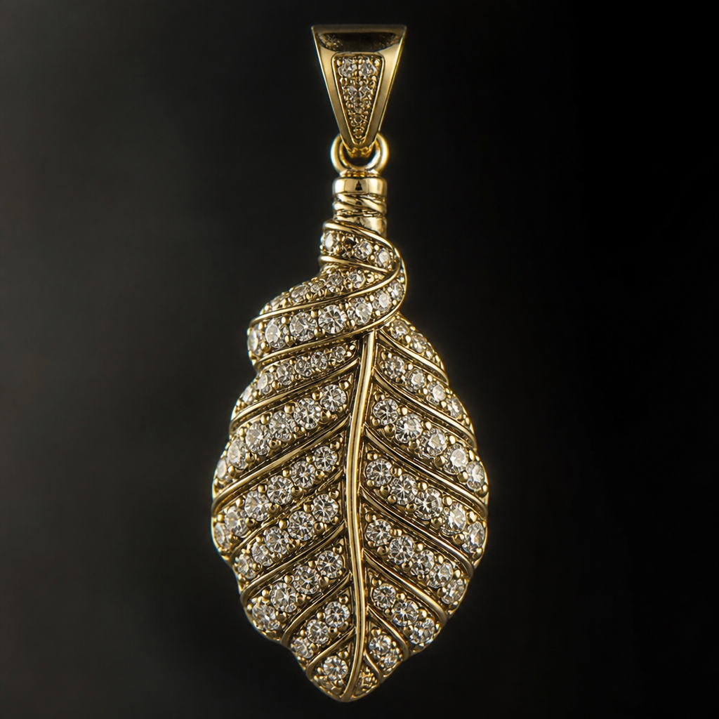 A tribal women's pendant made of gold with diamond stones. Un colgante con una hoja de tabaco o un puro que se vea masculino
photorealistic jewelry design, A tribal women's pendant made of gold with diamond stones. Un colgante con una hoja de tabaco o un puro que se vea masculino, tribal style, just the design no text