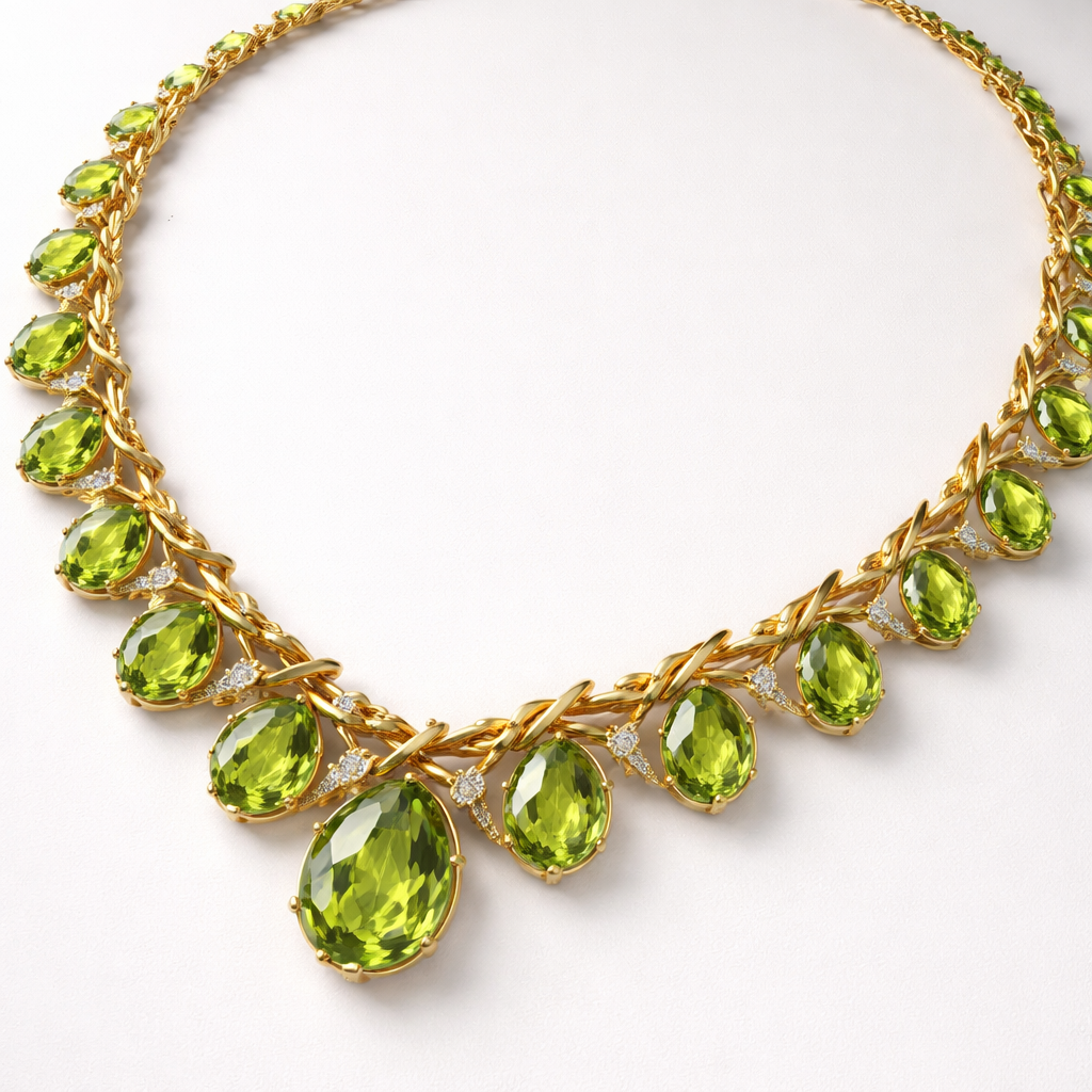 Pear cut peridot tennis necklace with gold wire wrapped around it like a vine