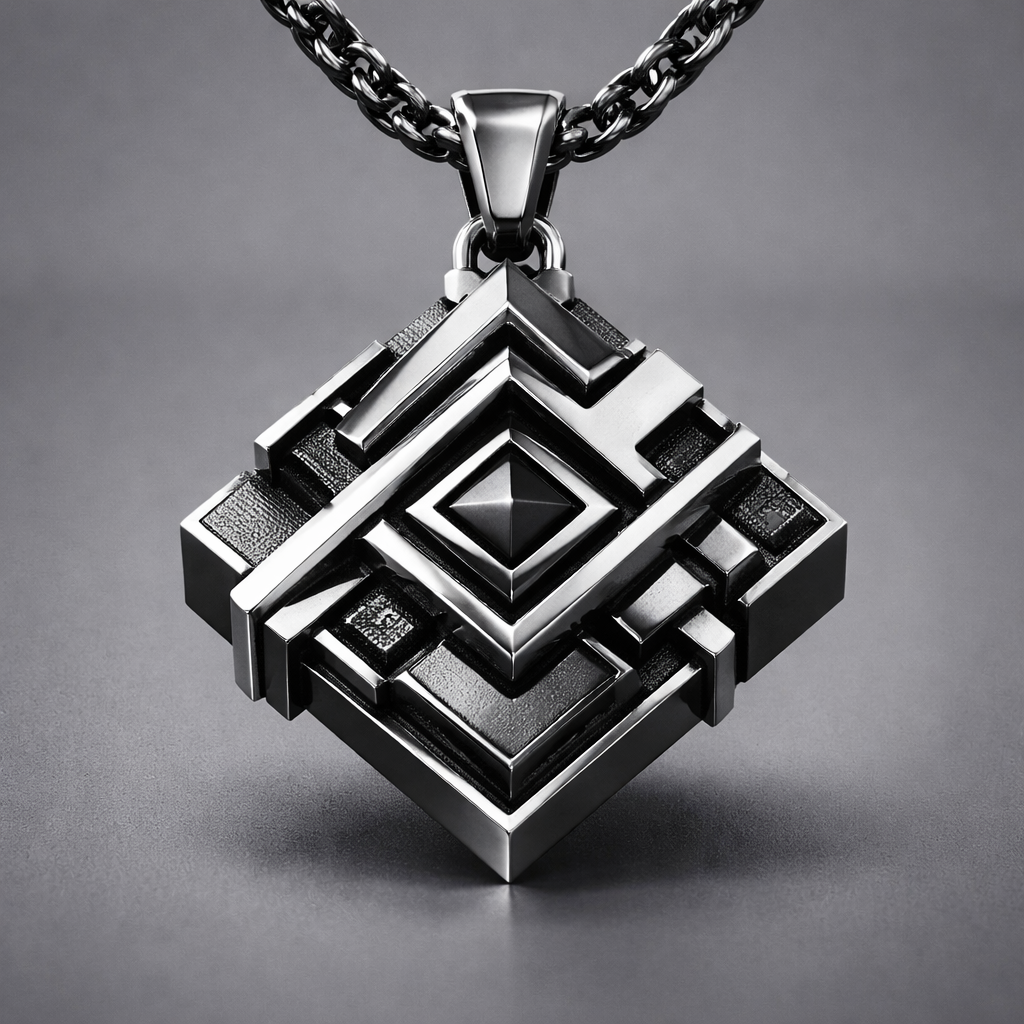 Geometric pendant of egde and sharp lines and square architectural shapes for men