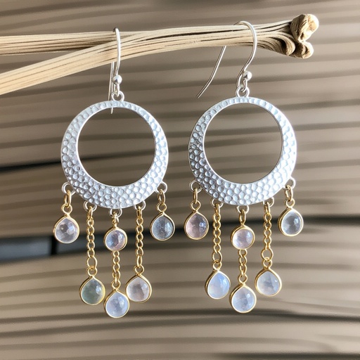 Серебряные серьги словно мятое серебро полумесяц вертикальный 2 см, сверху крепится к швензе. От полумесяца идет три цепочки золотого цвета, у каждой на конце мелкий камушек лунный камень