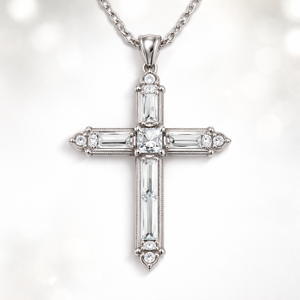 Simple white gold emerald cut cross with minima diamond accents and light metal work.
