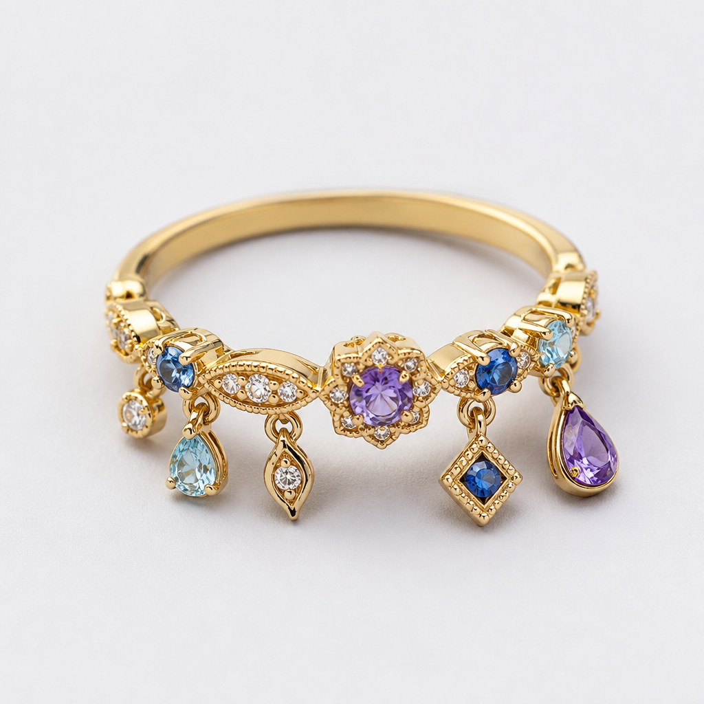 A charm women's ring made of gold with amethyst and aquamarine and sapphire and diamond stones suitable for daily wear, highly ornate, intricate and elaborate, richly detailed. delicado, sencillo y elegante
photorealistic jewelry design, A charm women's ring made of gold with amethyst and aquamarine and sapphire and diamond stones suitable for daily wear, highly ornate, intricate and elaborate, richly detailed. delicado, sencillo y elegante, charm style, just the design no text