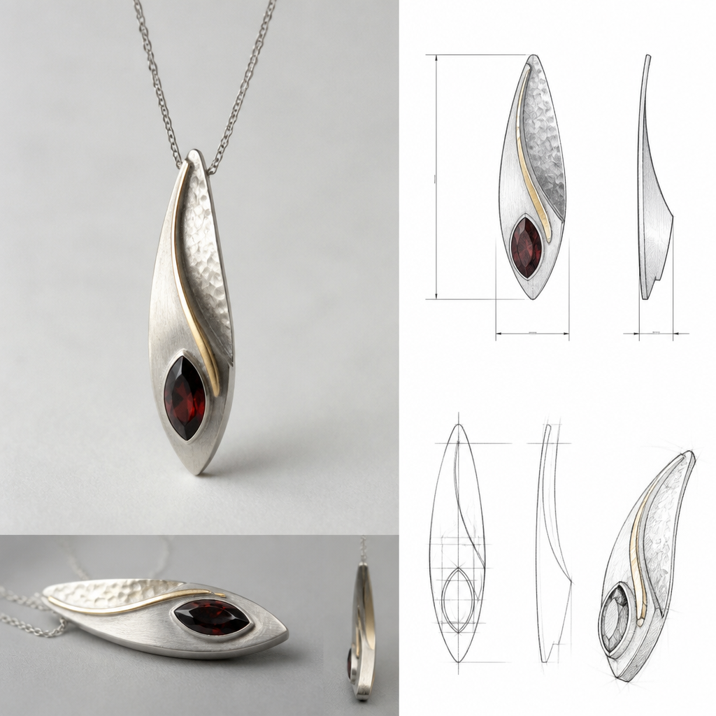 A modern women's pendant made of silver with sapphire stones, ultra-minimalist, very simple and clean, understated, no embellishments. "photorealistic jewelry design, A scandinavian women's pendant made of silver with garnet stones suitable for daily wear, minimalist. simple and delicate, clean lines. simplistic form minimalist brushed silver finish with an accent of gold and a small section of hammered surface, scandinavian style, with design scketchs and mesurments
photorealistic jewelry design, A modern women's pendant made of silver with sapphire stones, ultra-minimalist, very simple and clean, understated, no embellishments. "photorealistic jewelry design, A scandinavian women's pendant made of silver with garnet stones suitable for daily wear, minimalist. simple and delicate, clean lines. simplistic form minimalist brushed silver finish with an accent of gold and a small section of hammered surface, scandinavian style, with design scketchs and mesurments, modern style, just the design no text