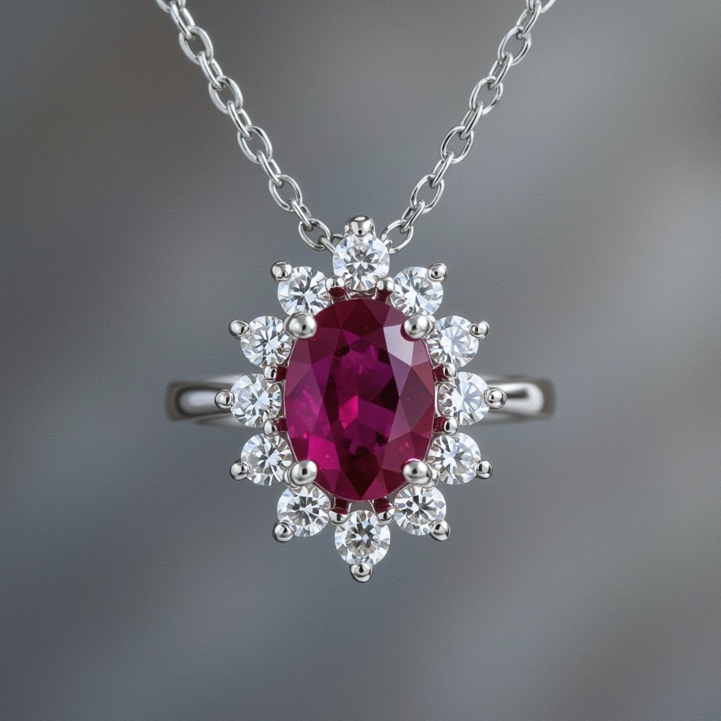 7x5mm oval pigeon blood ruby with 8 marquis cut diamonds each .08ct set in white gold pendant 