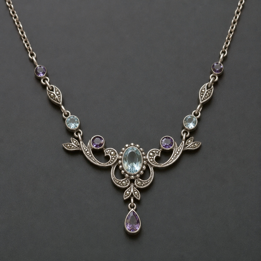 A vintage women's necklace made of silver with topaz and amethyst stones suitable for daily wear
photorealistic jewelry design, A vintage women's necklace made of silver with topaz and amethyst stones suitable for daily wear, vintage style, just the design no text