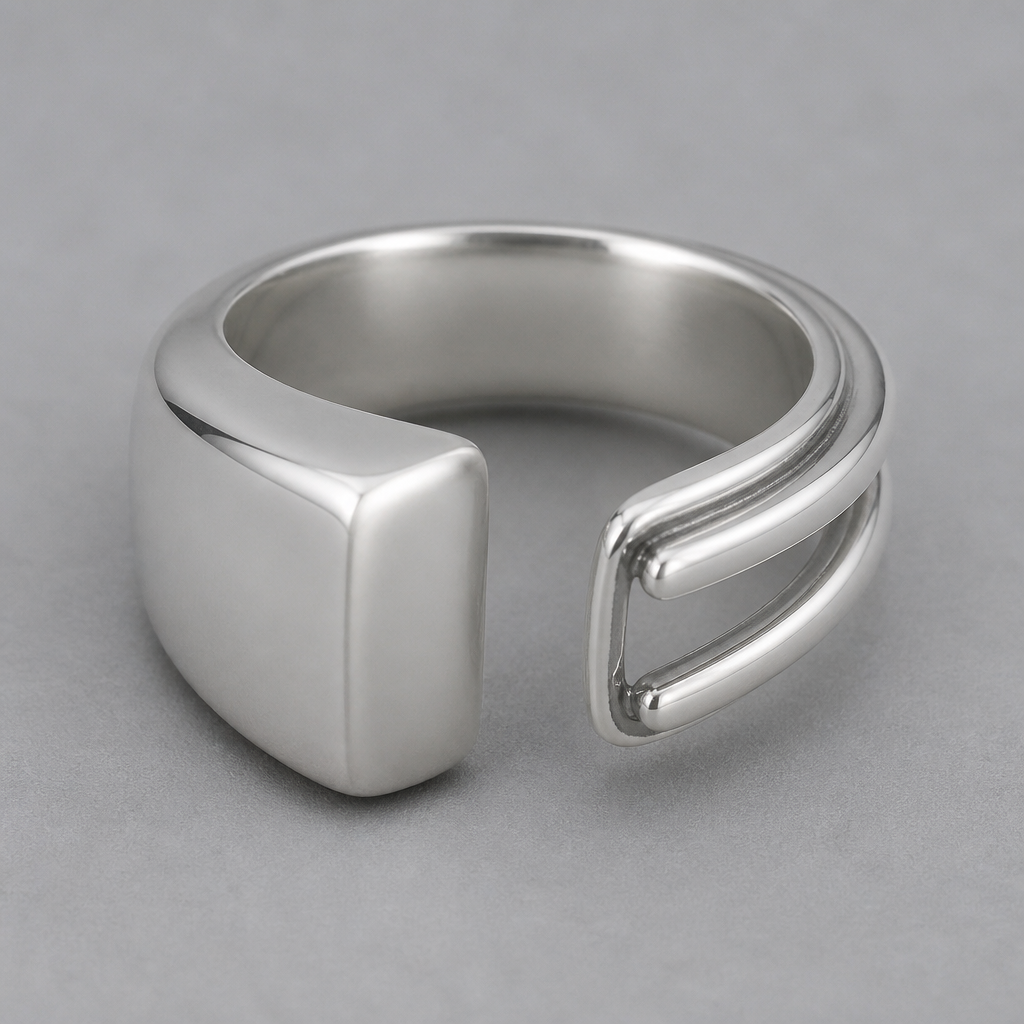Silver thick band one side, 2 smaller bands other side
photorealistic jewelry design, Silver thick band one side, 2 smaller bands other side
, modern style, just the design no text