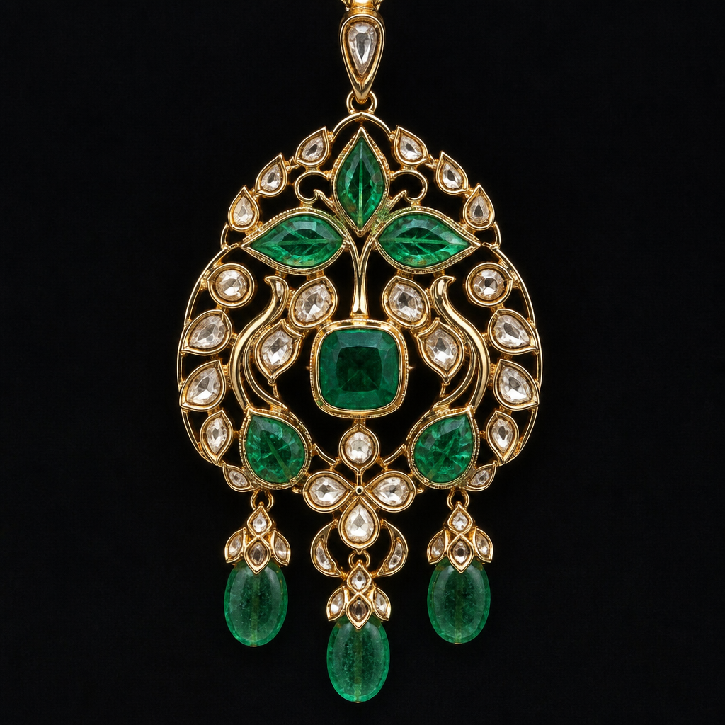 Pendant with emeralds and polki
photorealistic jewelry design, Pendant with emeralds and polki
, art_nouveau style, just the design no text