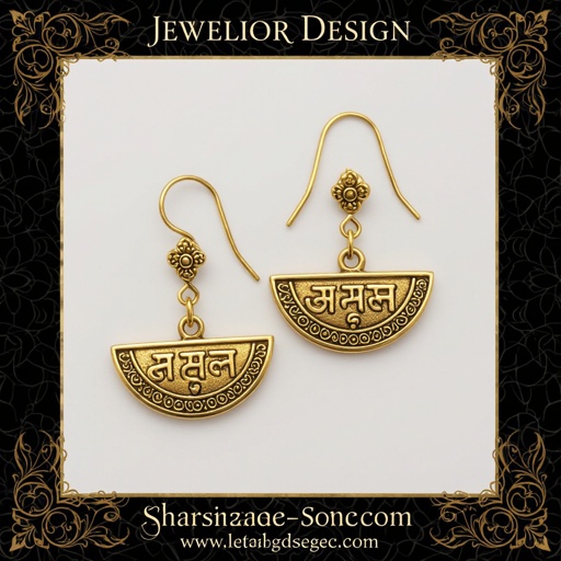 Серьги золотые в форме полукруга, полукруг как продолжение застежки, на полукруге надписи мантрами на санскрите