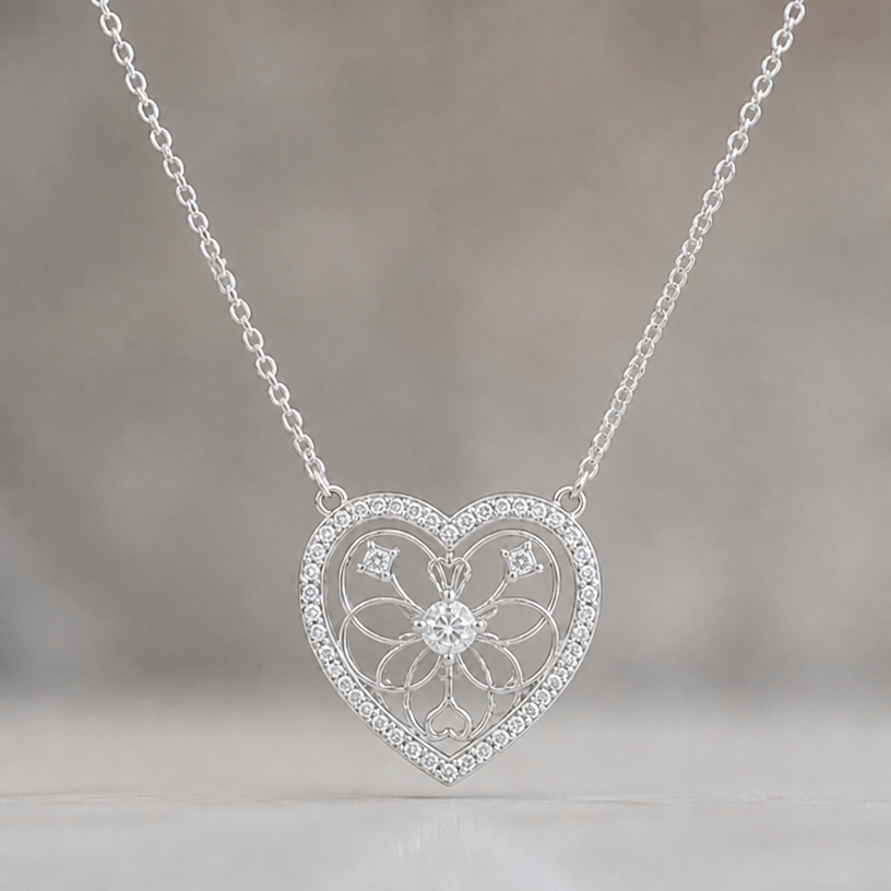 Remplaçer les coeur intérieur par de petit daimant, grossir très légèrement celui du milieu
edit the attached jewelry design with these instructions: Remplaçer les coeur intérieur par de petit daimant, grossir très légèrement celui du milieu. keep it photorealistic, just the design no text