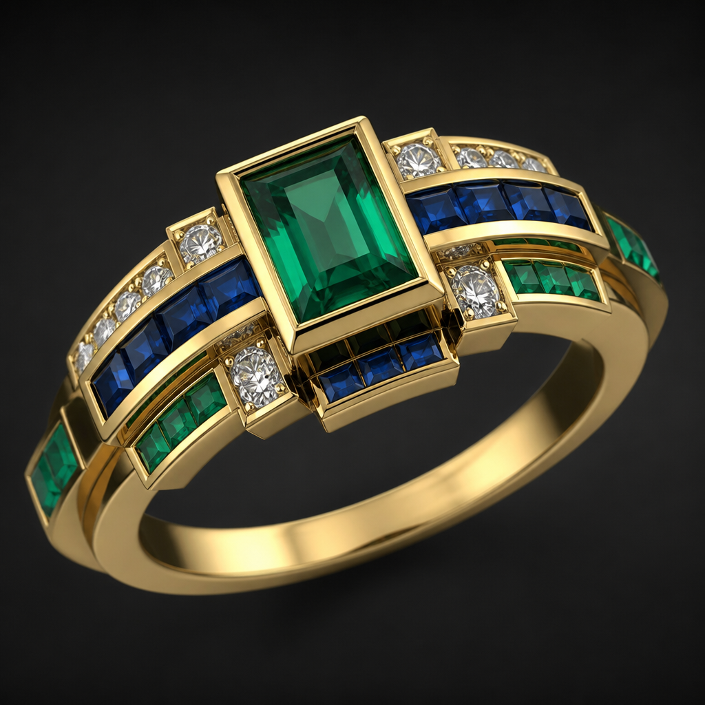 A geometric women's ring made of gold with emerald and diamond and sapphire stones
photorealistic jewelry design, A geometric women's ring made of gold with emerald and diamond and sapphire stones, geometric style, just the design no text