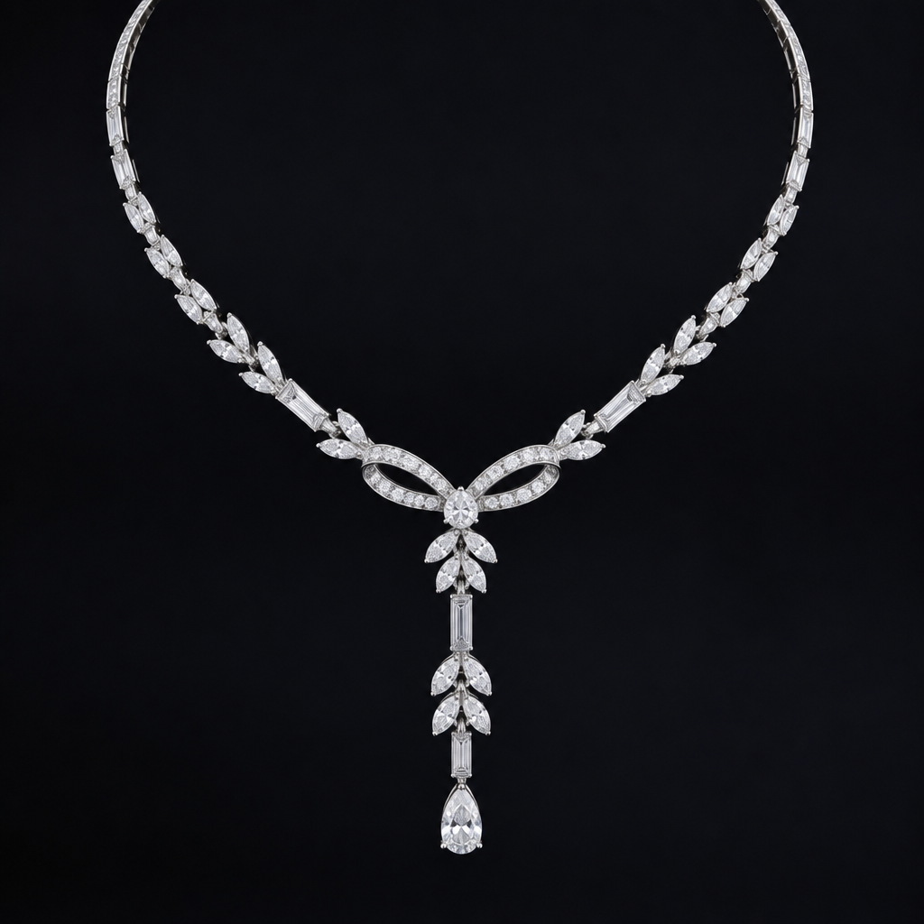 A modern women's necklace made of white gold with diamond stones suitable for formal
photorealistic jewelry design, A modern women's necklace made of white gold with diamond stones suitable for formal, modern style, just the design no text