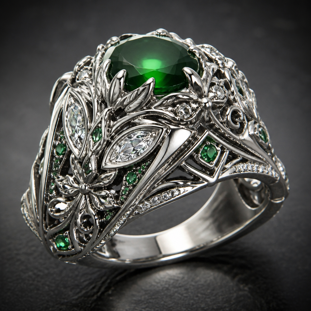 A men's ring, highly ornate, intricate and elaborate, richly detailed. эльфийский стиль с зелёными и белыми камнями,
photorealistic jewelry design, A men's ring, highly ornate, intricate and elaborate, richly detailed. эльфийский стиль с зелёными и белыми камнями,, modern style, just the design no text