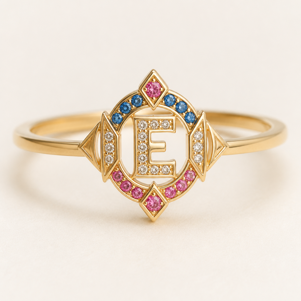 A art deco women's ring made of gold, minimalist, simple and delicate, clean lines. um anel de 15 anos com inicial E com pedrinhas azul e pedrinhas rosa em volta
photorealistic jewelry design, A art deco women's ring made of gold, minimalist, simple and delicate, clean lines. um anel de 15 anos com inicial E com pedrinhas azul e pedrinhas rosa em volta, art_deco style, just the design no text
