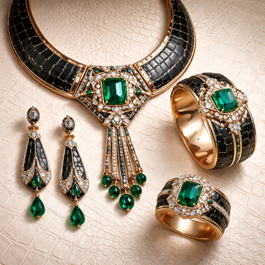 Create elegant jewelry collection to Brahmin incorporating crocodile print with gemstones