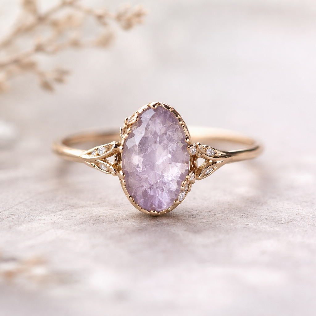 A beautiful light vintage coloured ring with a raw light vintage purple gem, skinny oval shaped and a hint of a miminilistic style