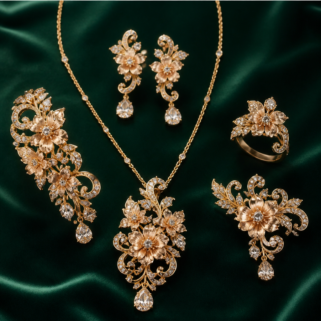 ست زنانه با الهام از گل و طبیعت
photorealistic jewelry design, ست زنانه با الهام از گل و طبیعت, baroque style, just the design no text